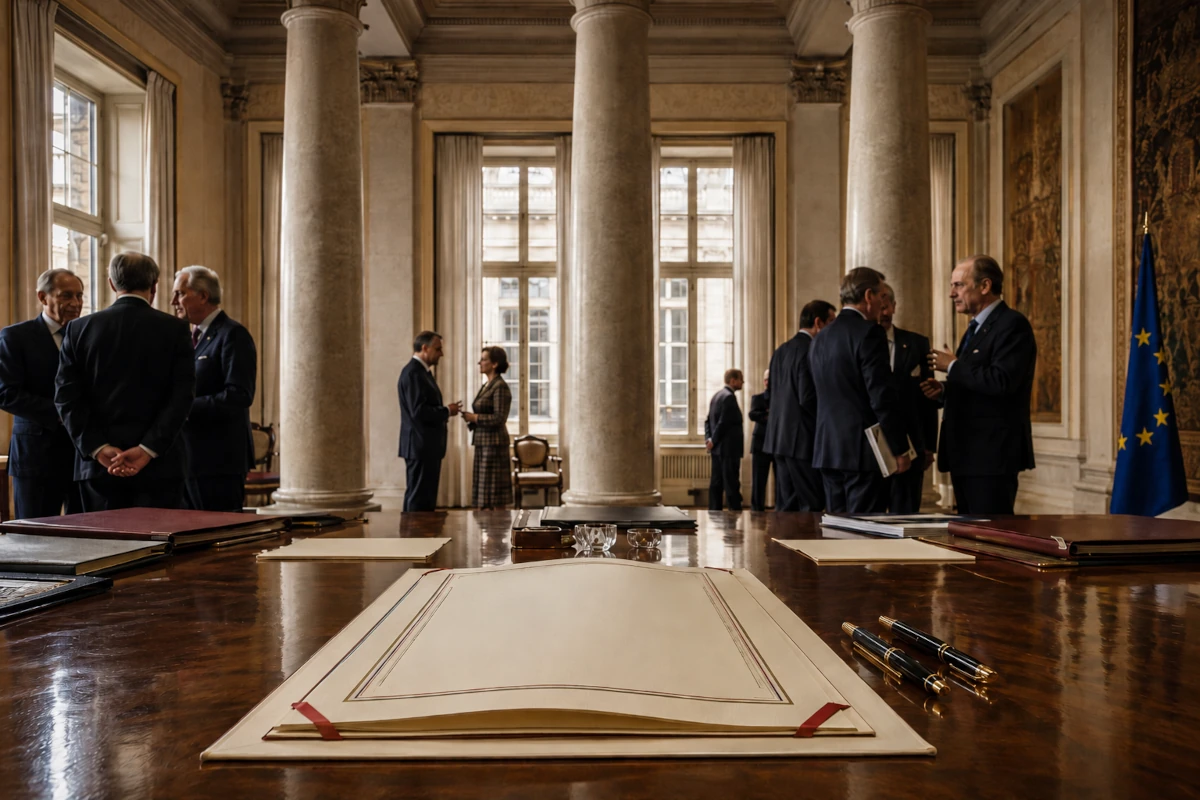Sala europejskich negocjacji traktatowych z dokumentami na stole i trzema monumentalnymi kolumnami