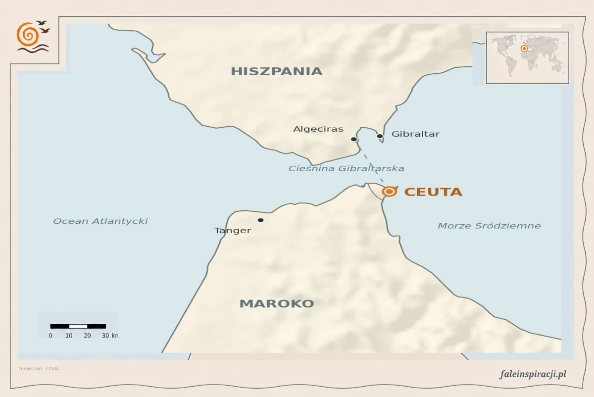 Mapa Cieśniny Gibraltarskiej pokazująca położenie Ceuty względem Hiszpanii, Maroka, Gibraltaru, Algeciras i Tangeru