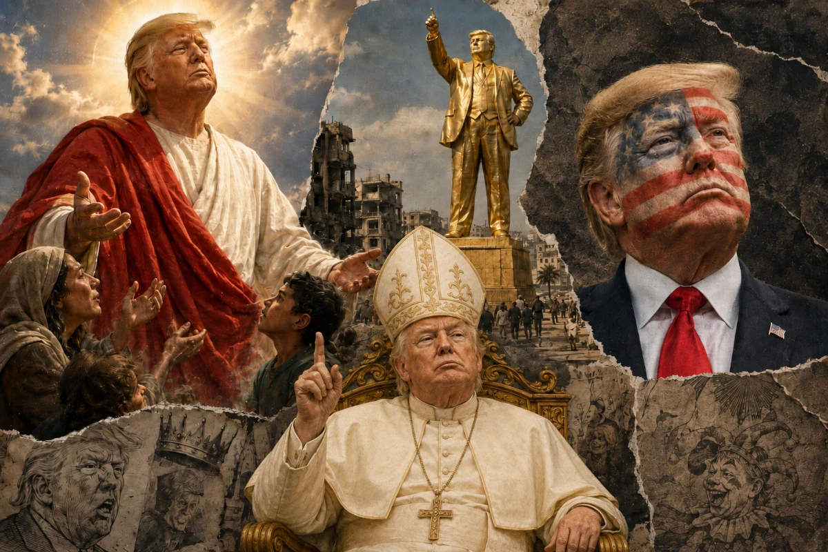 Symboliczny kolaż przedstawiający Donalda Trumpa w różnych stylizowanych rolach, nawiązujących do kultu jednostki, politycznego spektaklu i kreowania własnego wizerunku
