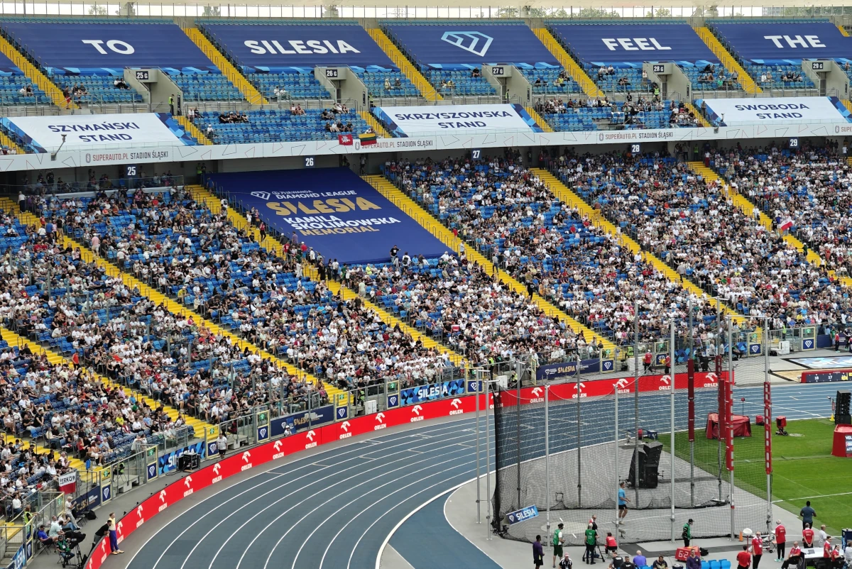 Trybuny Stadionu Śląskiego z sektorami nazwanymi na cześć polskich lekkoatletów podczas Memoriału Kamili Skolimowskiej 2026