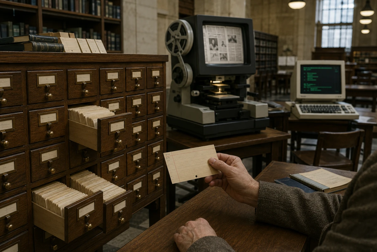 Biblioteczny katalog kartkowy, czytnik mikrofilmów i wczesny terminal komputerowy