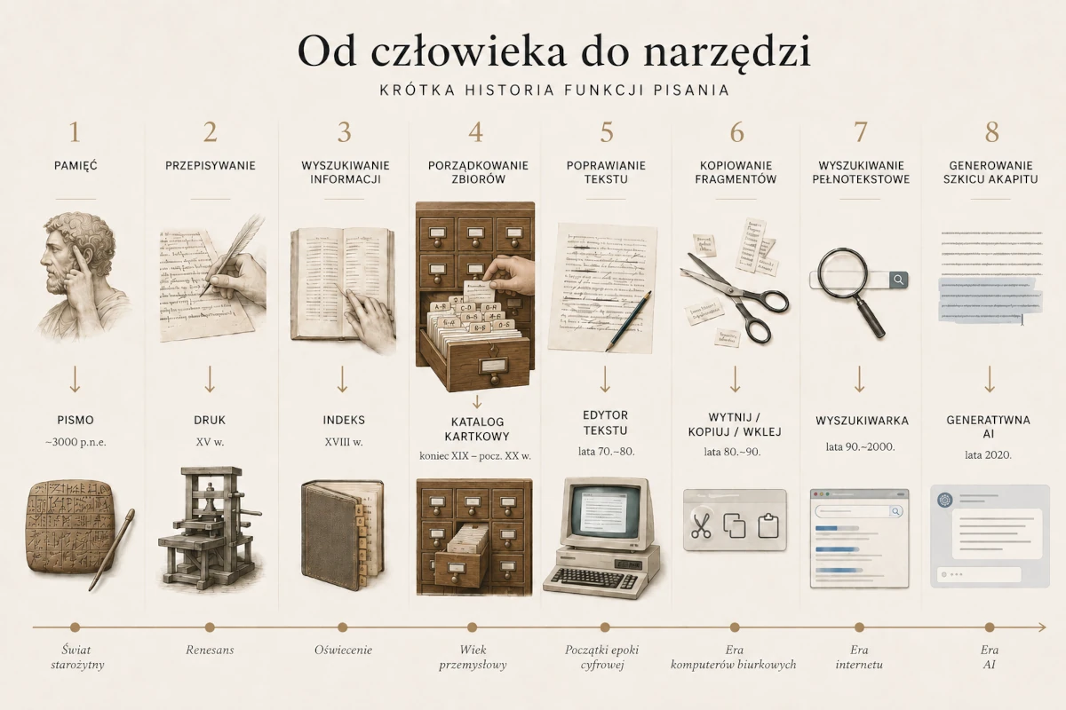 Infografika pokazująca przekazywanie kolejnym technologiom funkcji związanych z pisaniem i informacją