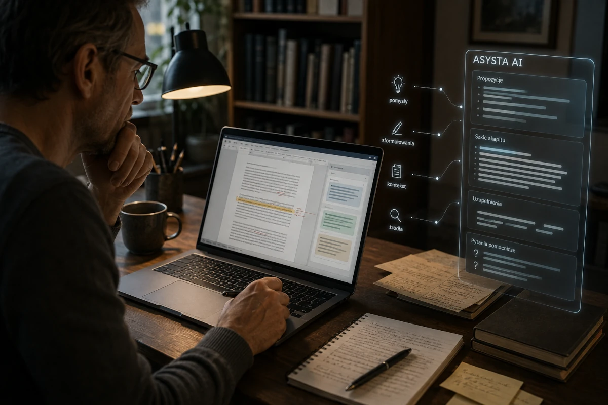 Autor pracujący nad tekstem na komputerze przy wsparciu systemu sztucznej inteligencji