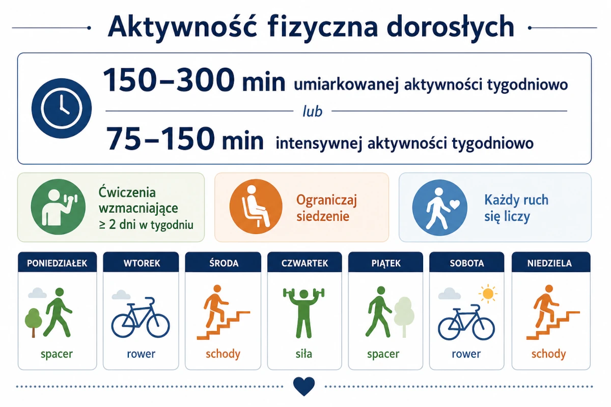 Infografika zaleceń aktywności fizycznej dla dorosłych: 150–300 minut aktywności umiarkowanej lub 75–150 minut intensywnej tygodniowo, ćwiczenia wzmacniające i ograniczanie siedzenia.