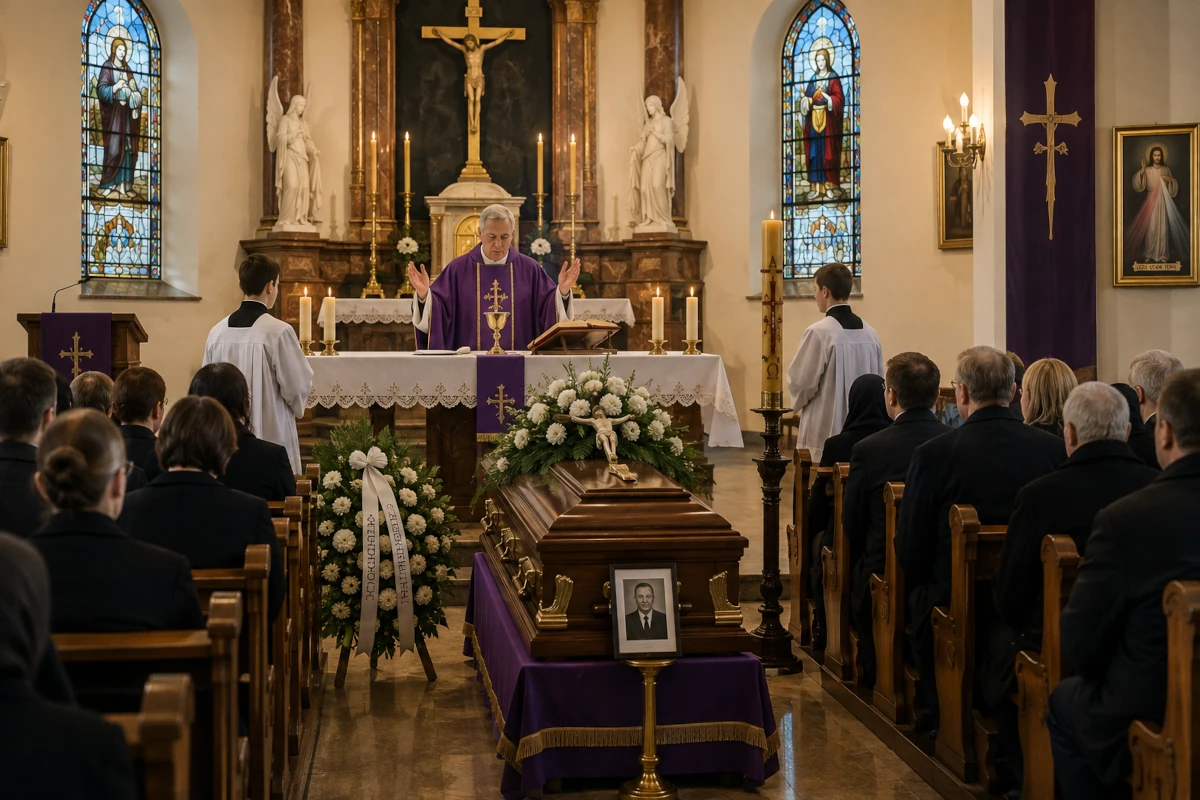 Katolicka ceremonia pogrzebowa w kościele, z trumną przed ołtarzem, duchownym i uczestnikami uroczystości