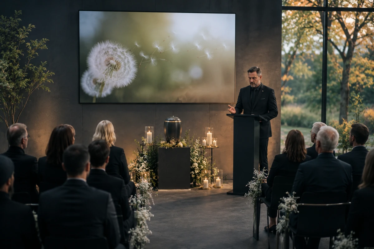 Świecka ceremonia pogrzebowa z urną, mistrzem ceremonii i zgromadzonymi uczestnikami