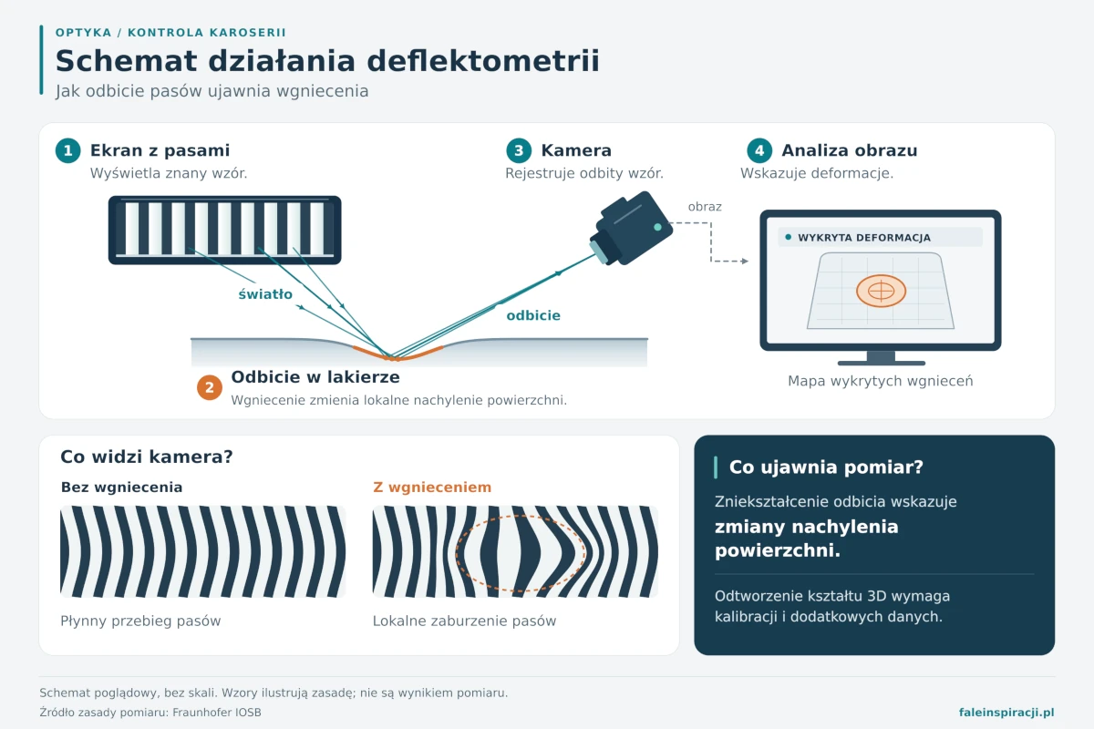 Schemat deflektometrii: ekran z pasami, odbicie wzoru w odkształconej powierzchni, kamera i analiza obrazu.