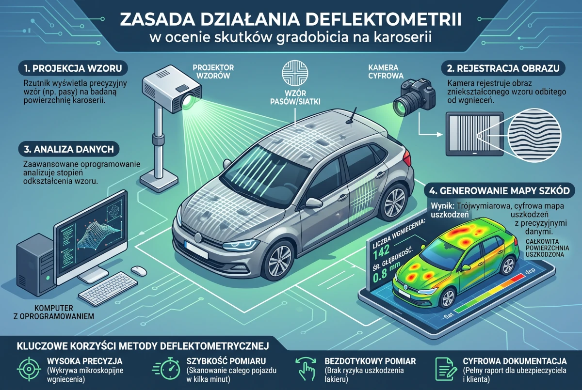 Infografika AI przedstawiająca samochód, urządzenia optyczne, komputer i kolorową mapę deformacji karoserii.