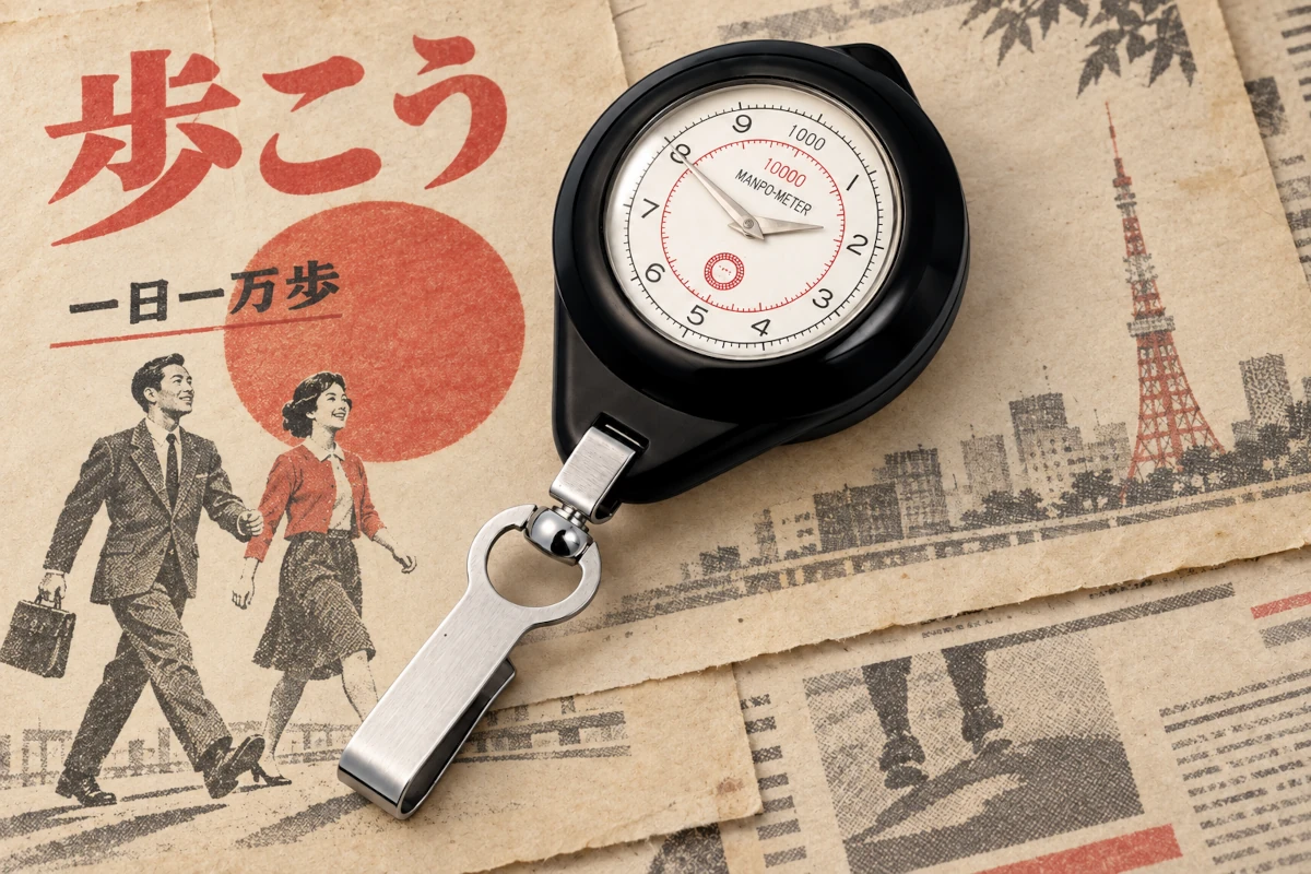 Mechaniczny krokomierz na tle stylizowanych japońskich reklam z parą spacerowiczów, czerwonym kołem i wieżą Tokyo Tower.