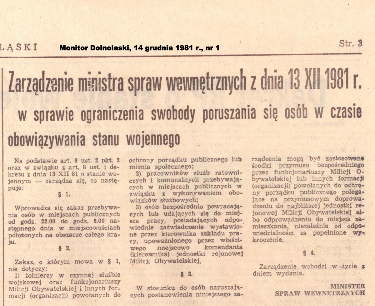 Zarządzenie ministra spraw wewnętrznych z 13 grudnia 1981 roku o ograniczeniu swobody poruszania się w czasie stanu wojennego
