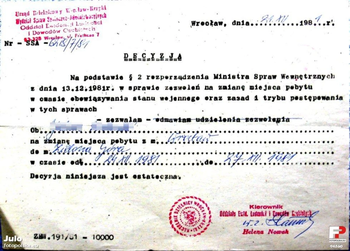 Decyzja zezwalająca na wyjazd z Wrocławia do Zielonej Góry od 24 do 27 grudnia 1981 roku